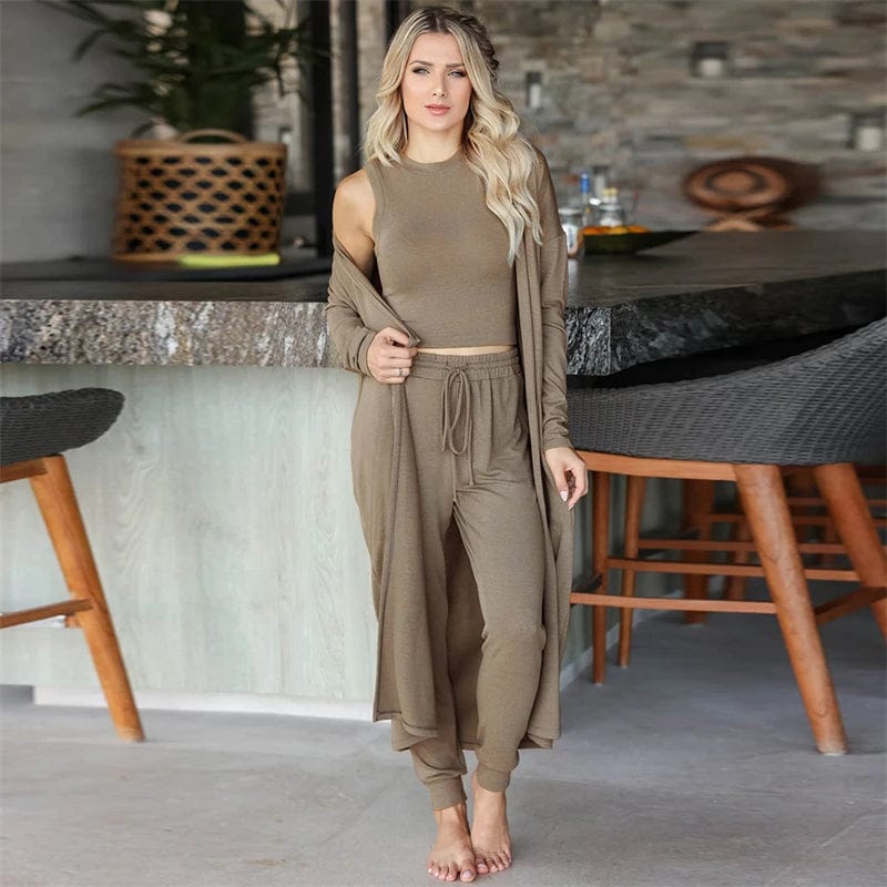 2 XL / Khaki new women casual trending knit 3 piece living room cardigan and pants set outfits 2024 lounge wear clothing clothes for women
