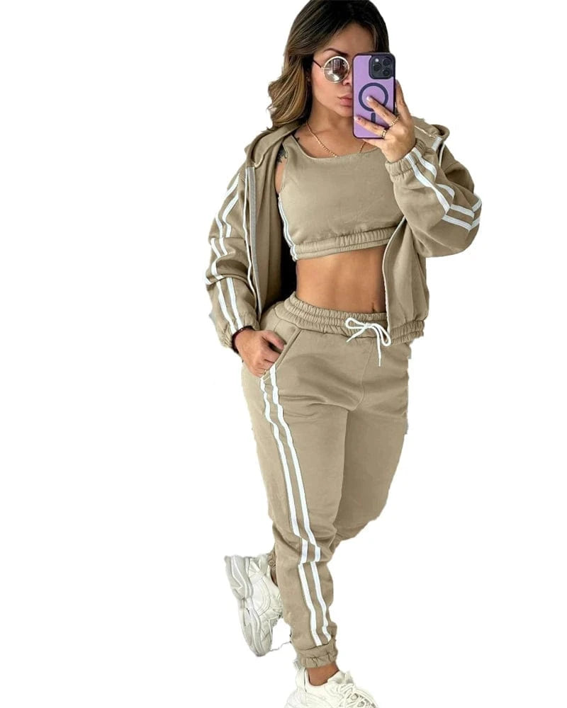 2 XL / Khaki winter fall 2024 ladies casual fleece velvet velour warm clothing 3 piece women active workout set sport tracksuit for women
