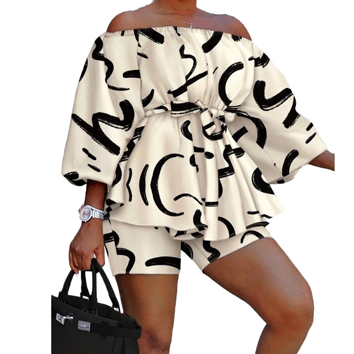 2 XL / Khaki Z117802 2024 Print Ladies spring print Casual Off Shoulder Puff Sleeve plus size short sets women two piece for plus size women