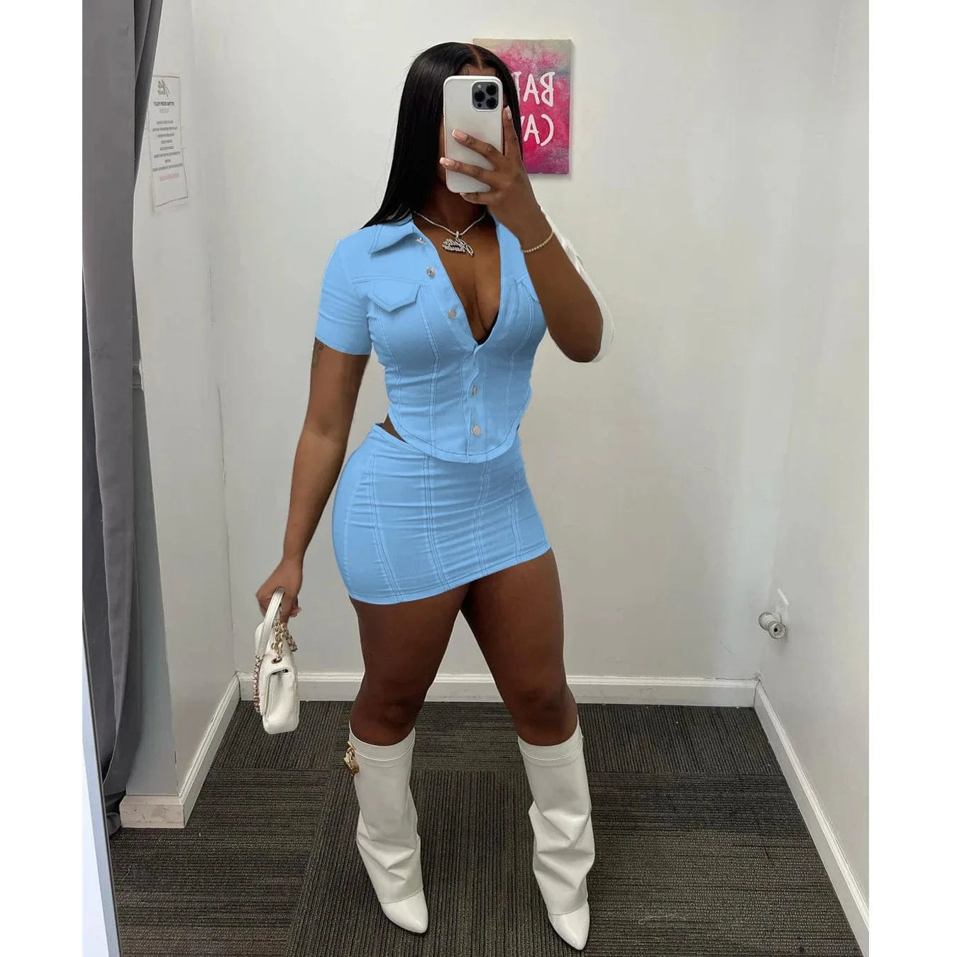 2 XL / Light Blue 2 Piece Set Button Women Shorts Set Women Fitness Ladies Skirts and Top Set Women Solid Shirts Suit 2023 Summer Outfits