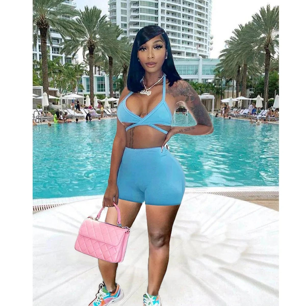 2 XL / Light Blue Sports Casual Camisole Slim Shorts Summer Two Piece Set Women Short Set Clothing Sexy Crop Tops Set Custom