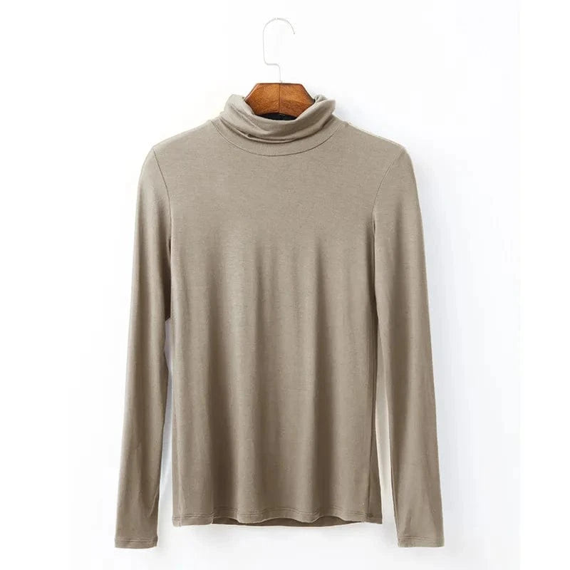 2 XL / light camel / Modal/Spandex DAMOCHIC Winter Basic T Shirt Slim Fit Stretch Solid Color Fall Tops Long Sleeve Plus Soft Smooth Modal Turtleneck T Shirt Women