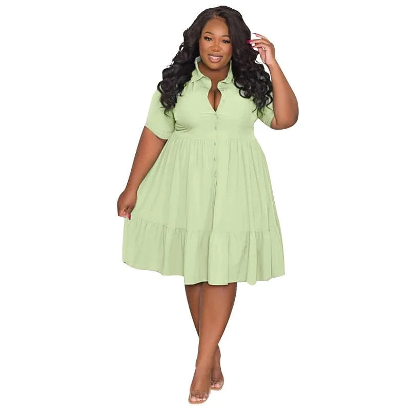 2 XL / Light Green Fashion Summer Short Sleeve Casual Dress 2024 Elegant One Piece Lady Shirt Dress Plus Size Women Dresses