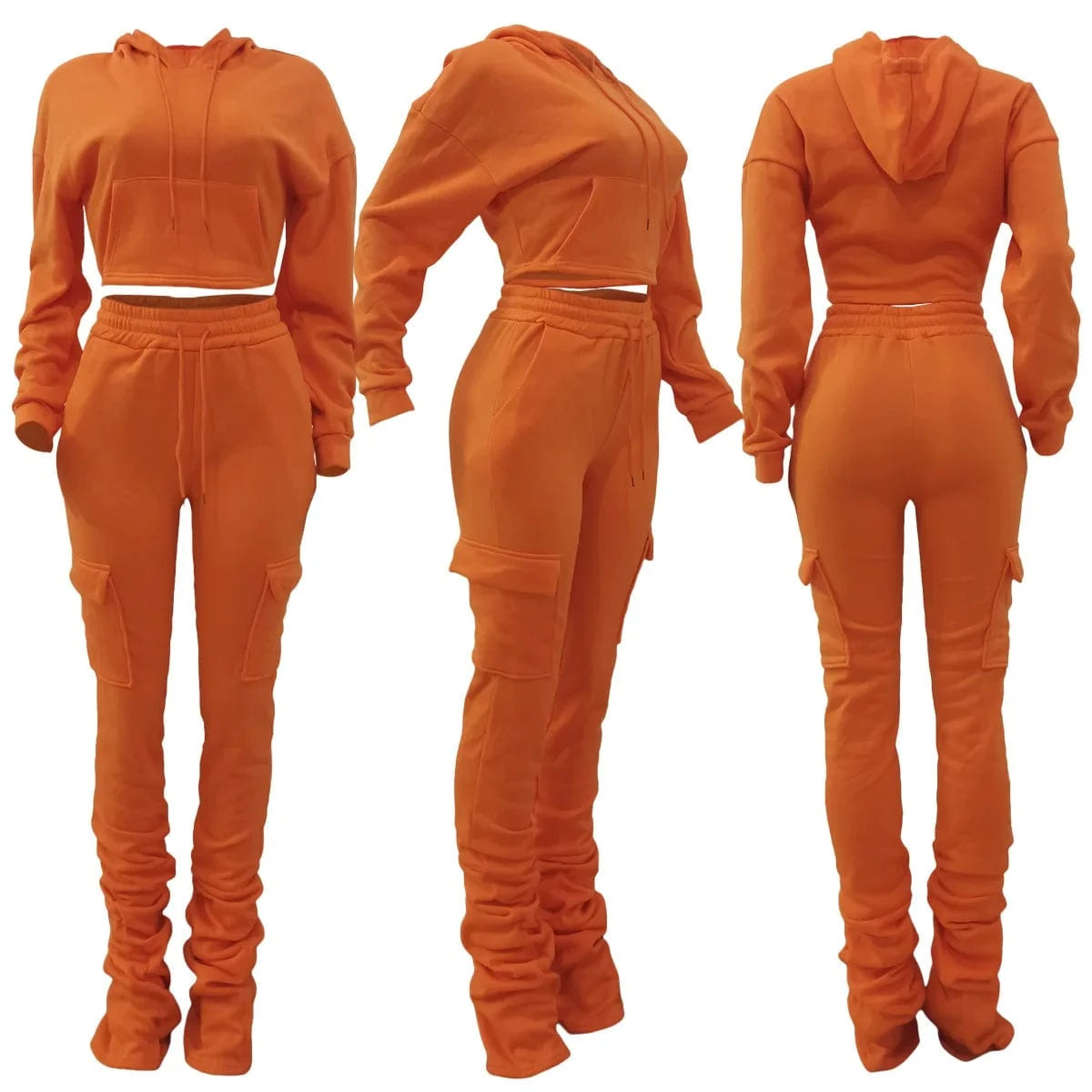 2 XL / Orange 2 2 Piece Set 2024 Thick Fleece Stacked Sweatpants And Hoodie Jogger Two Piece Pants Set Women Sweatsuit Set Tracksuit