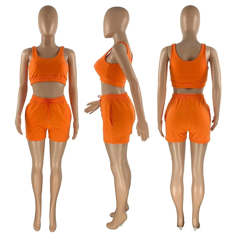 2 XL / Orange Custom Logo Summer Clothing Crop Top Two Piece Shorts Pants Set Joggers Sets Outfits 2 Piece Sweatsuit Sweat Short Set women