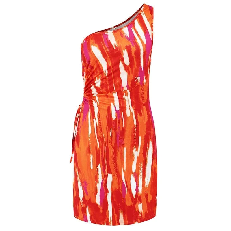 2 XL / Orange Europe and America Sexy Bodycon Mini Dress Women Hollow Out Drawstring Tie Dye Off Shoulder Short Dresses Summer Clothing