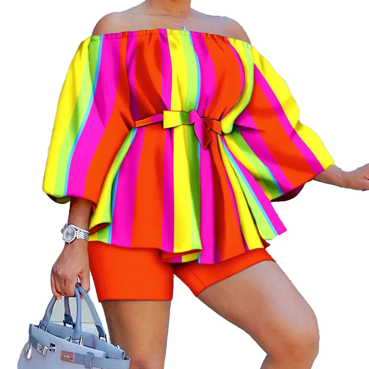 2 XL / Orange yellow Z117802 2024 Print Ladies spring print Casual Off Shoulder Puff Sleeve plus size short sets women two piece for plus size women