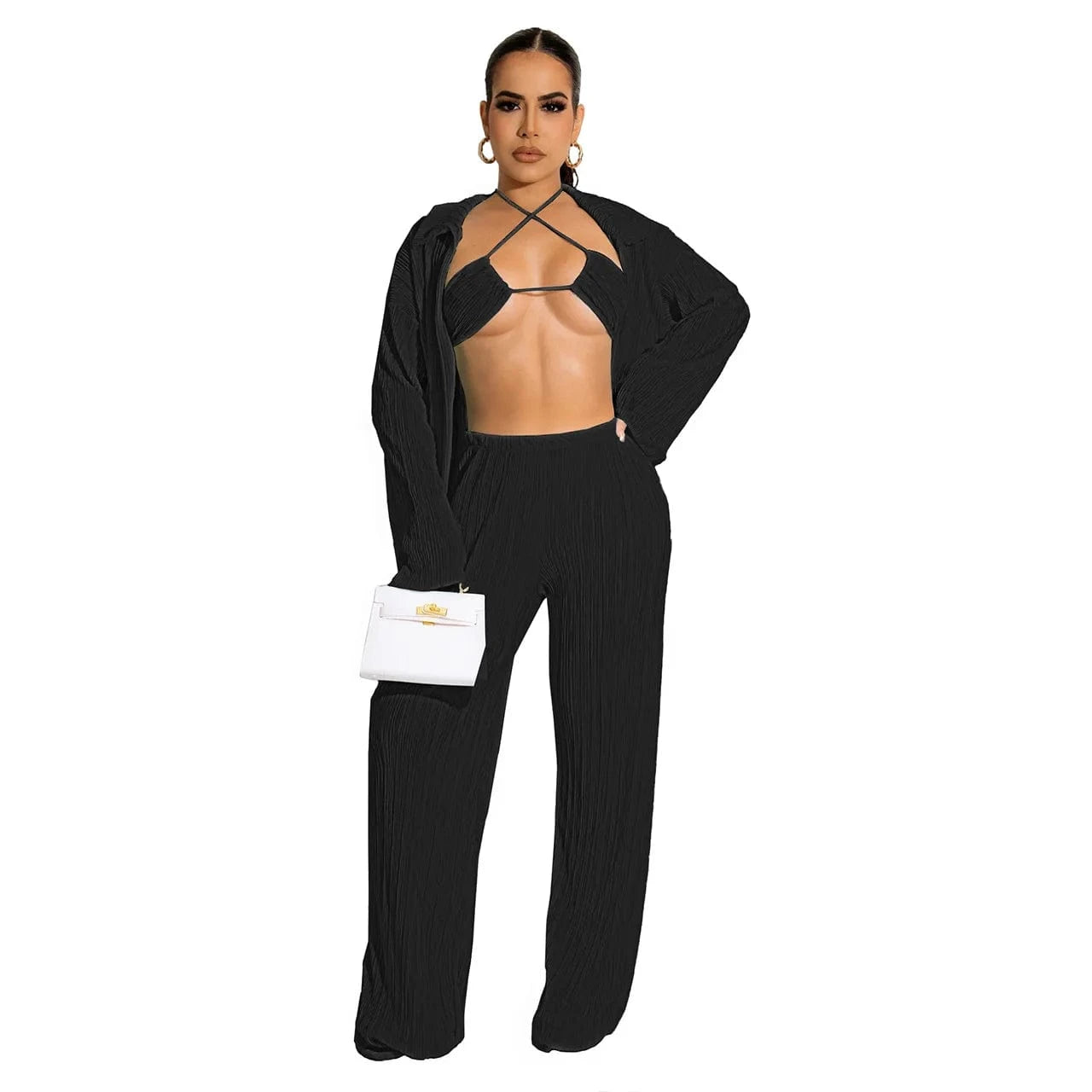 2 XL / Pants set Black Wholesale american boutique clothing women 2024 sexy bikinis fall cardigan long sleeve wide leg pants three piece women's sets