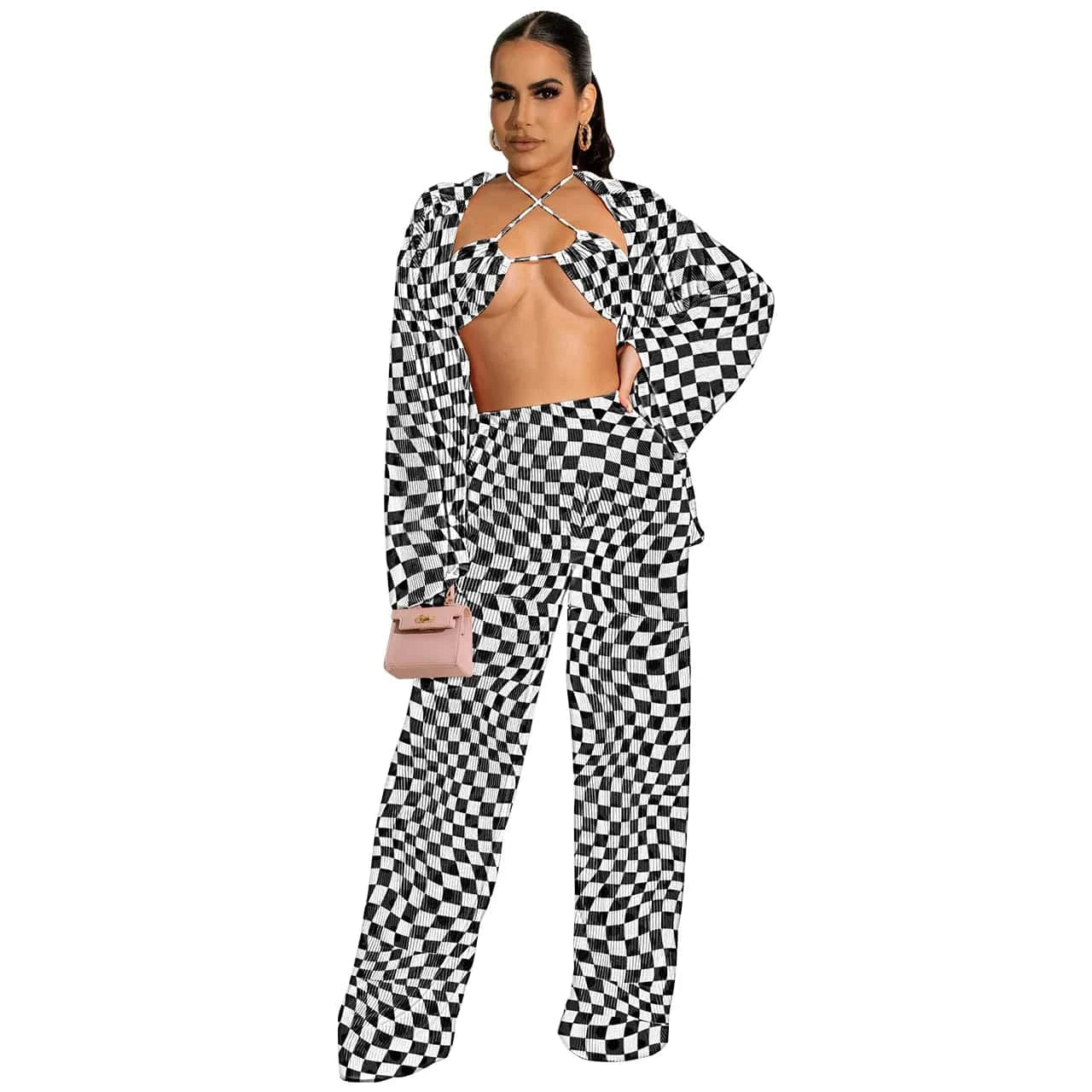 2 XL / Pants set Checked Wholesale american boutique clothing women 2024 sexy bikinis fall cardigan long sleeve wide leg pants three piece women's sets