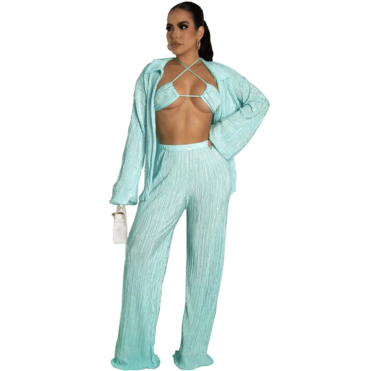 2 XL / Pants set Cyan Wholesale american boutique clothing women 2024 sexy bikinis fall cardigan long sleeve wide leg pants three piece women's sets