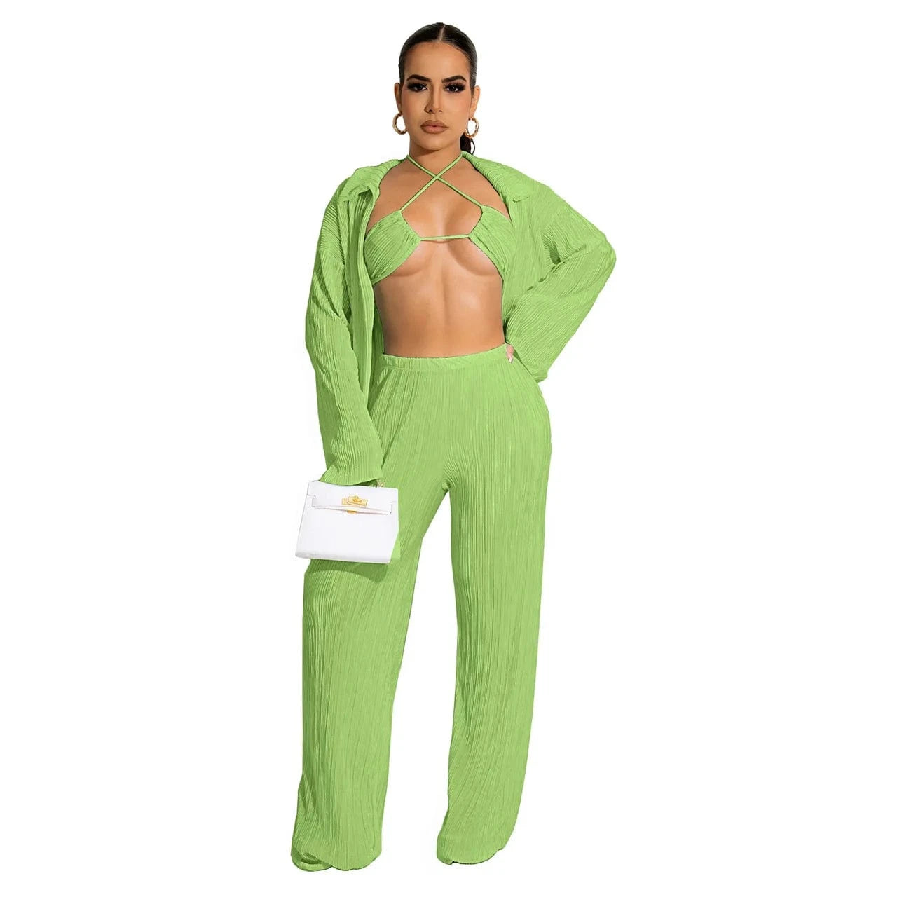 2 XL / Pants set Green Wholesale american boutique clothing women 2024 sexy bikinis fall cardigan long sleeve wide leg pants three piece women's sets