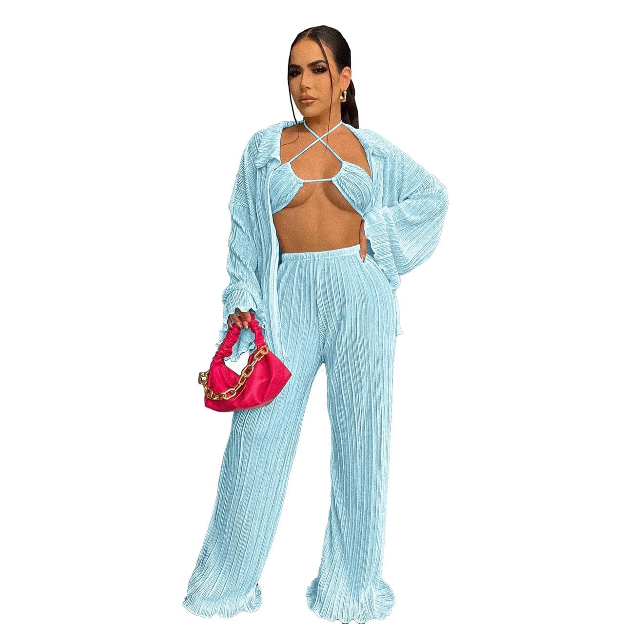 2 XL / Pants set Light Blue Wholesale american boutique clothing women 2024 sexy bikinis fall cardigan long sleeve wide leg pants three piece women's sets