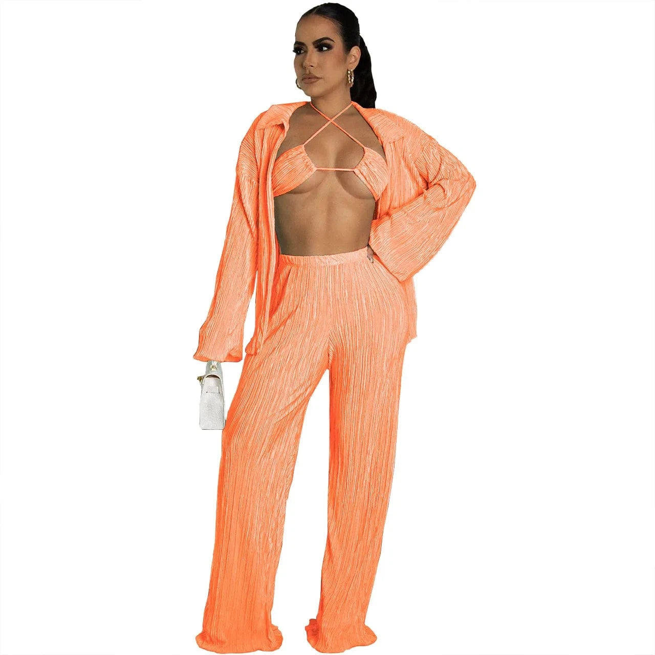 2 XL / Pants set Orange Wholesale american boutique clothing women 2024 sexy bikinis fall cardigan long sleeve wide leg pants three piece women's sets