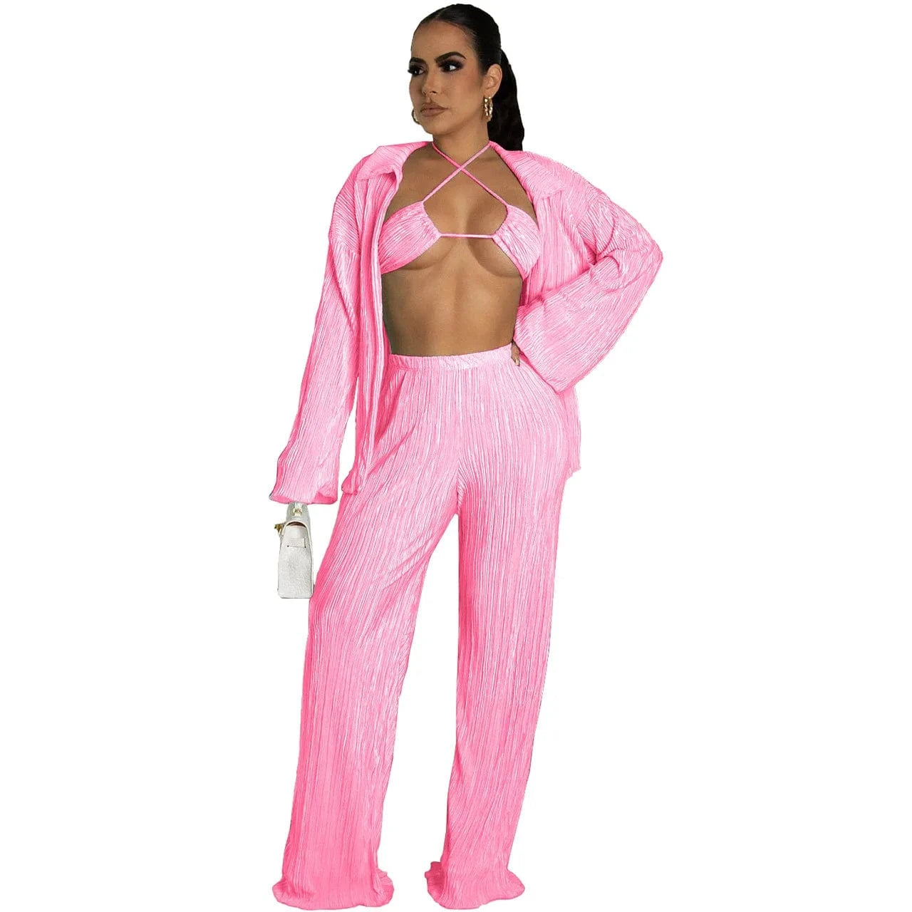 2 XL / Pants set Pink Wholesale american boutique clothing women 2024 sexy bikinis fall cardigan long sleeve wide leg pants three piece women's sets