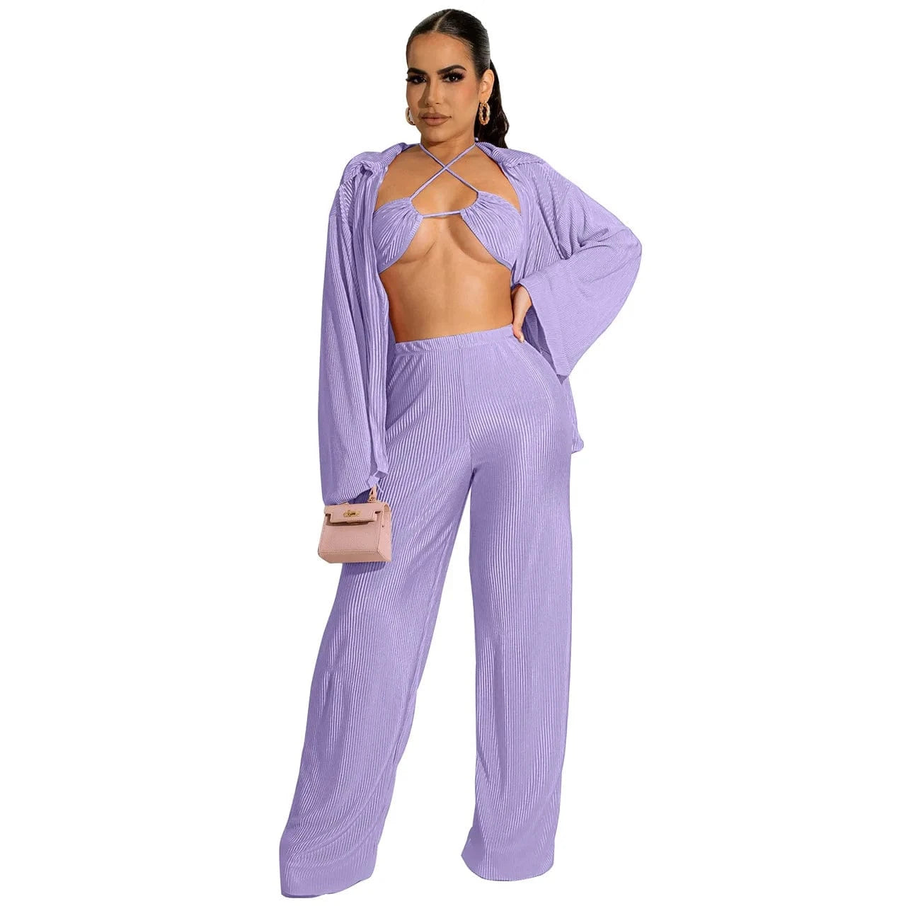 2 XL / Pants set Purple Wholesale american boutique clothing women 2024 sexy bikinis fall cardigan long sleeve wide leg pants three piece women's sets