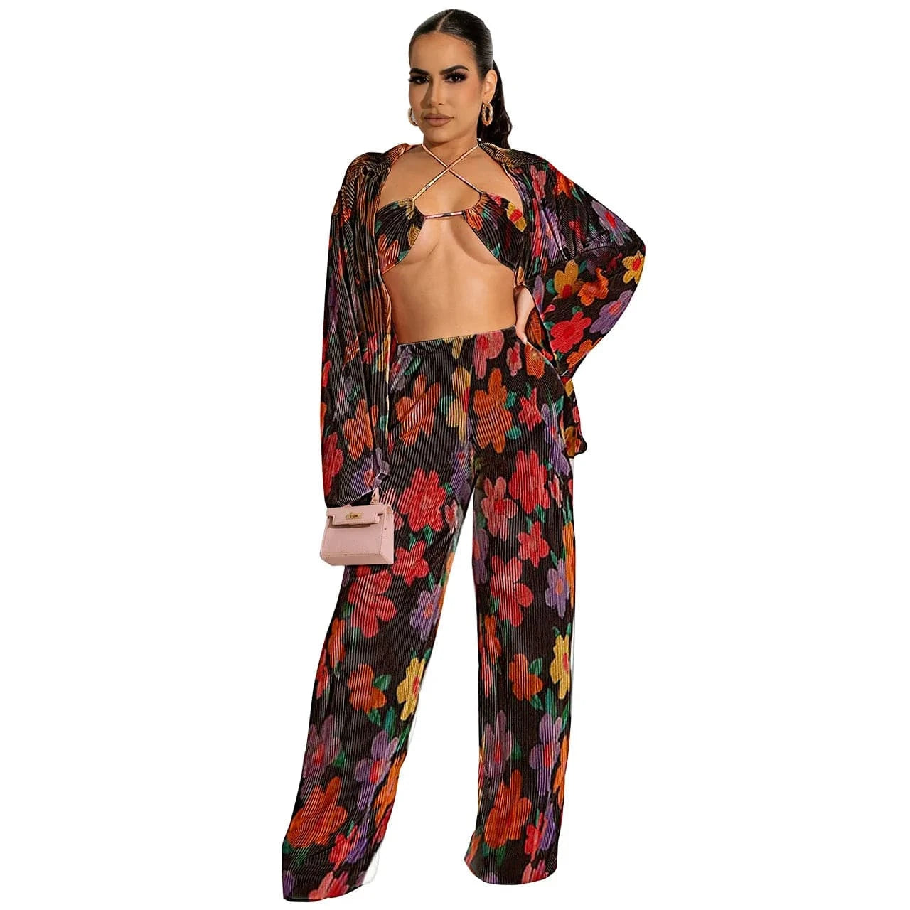 2 XL / Pants set Red floral Wholesale american boutique clothing women 2024 sexy bikinis fall cardigan long sleeve wide leg pants three piece women's sets