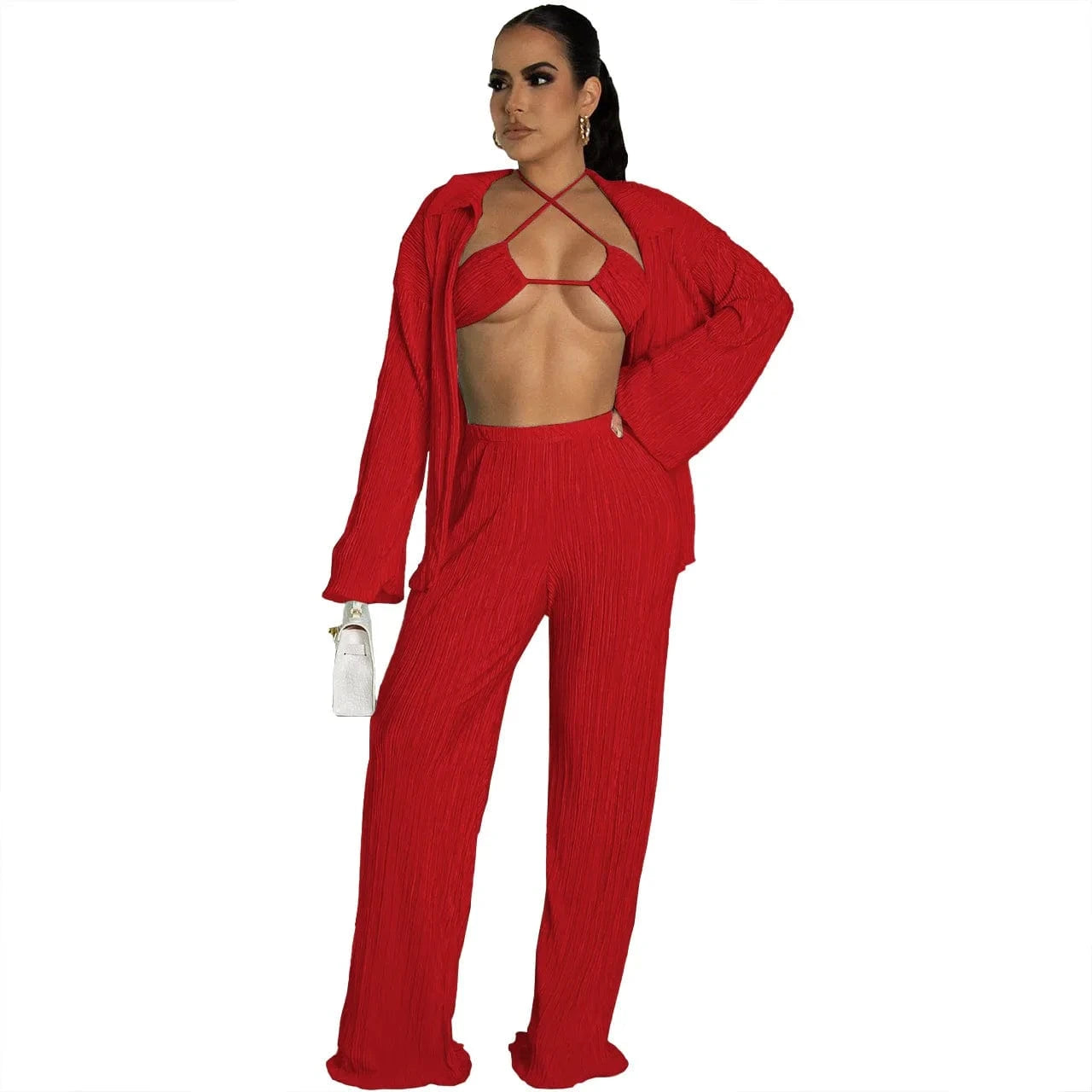 2 XL / Pants set Red Wholesale american boutique clothing women 2024 sexy bikinis fall cardigan long sleeve wide leg pants three piece women's sets