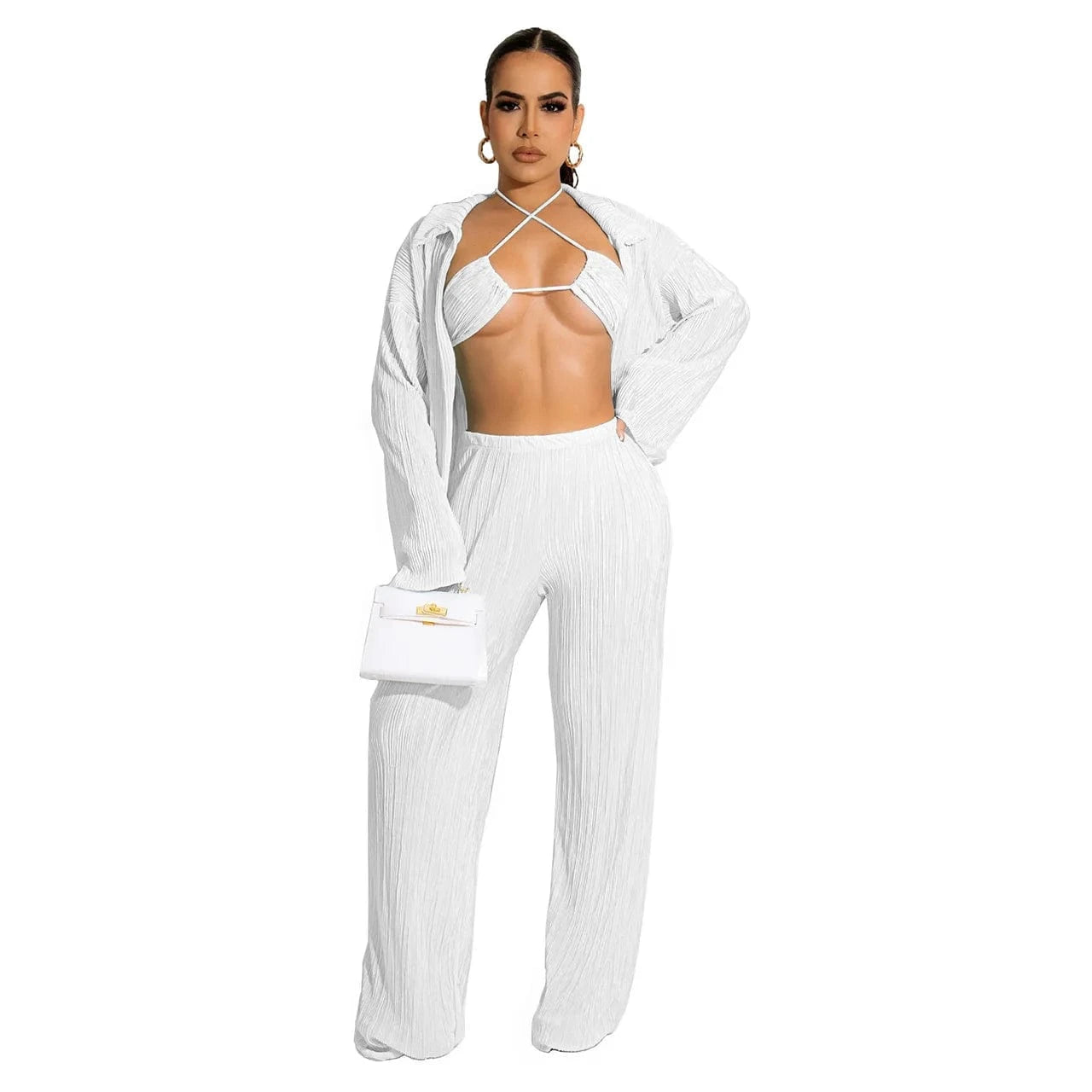 2 XL / Pants set White Wholesale american boutique clothing women 2024 sexy bikinis fall cardigan long sleeve wide leg pants three piece women's sets
