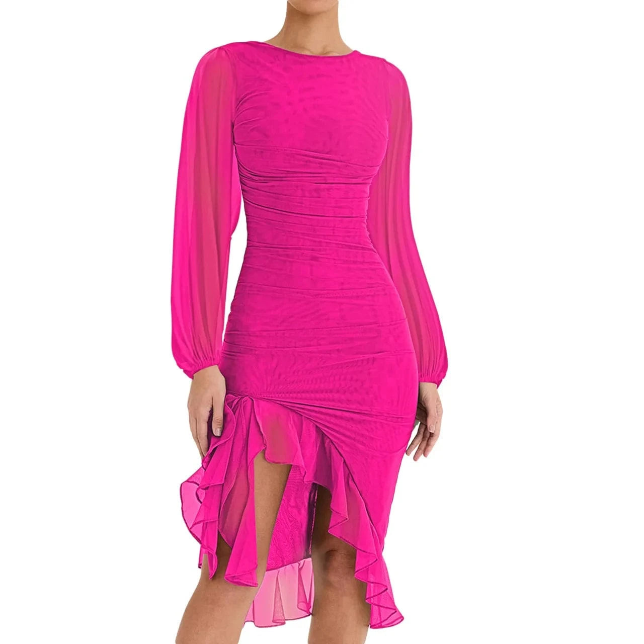 2 XL / Pink 2024 spring summer long Sleeve lace Irregular bodycon Dress Net Women's Ruffles Casual Dress