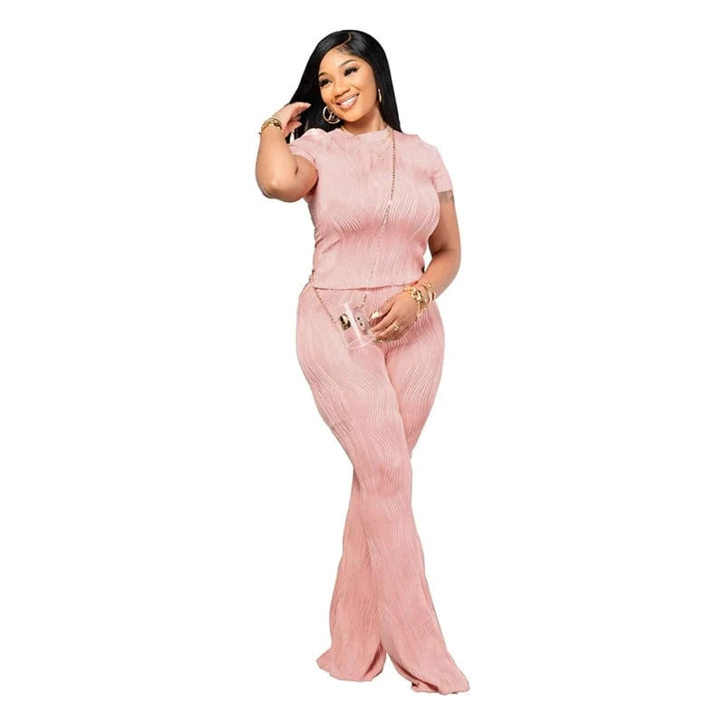 2 XL / Pink custom women casual clothing summer 2024 solid pleated full length pants and short sleeve top t shirt two 2 piece set for women