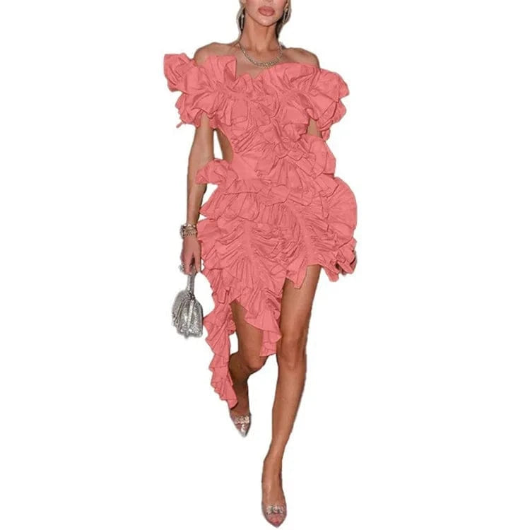 2 XL / Pink Ladies Spring Sleeveless Backless V-Neck Ruffle New Fashion Mini Dresses For Women Asymmetrical Ball Gown Evening Party Clubwear