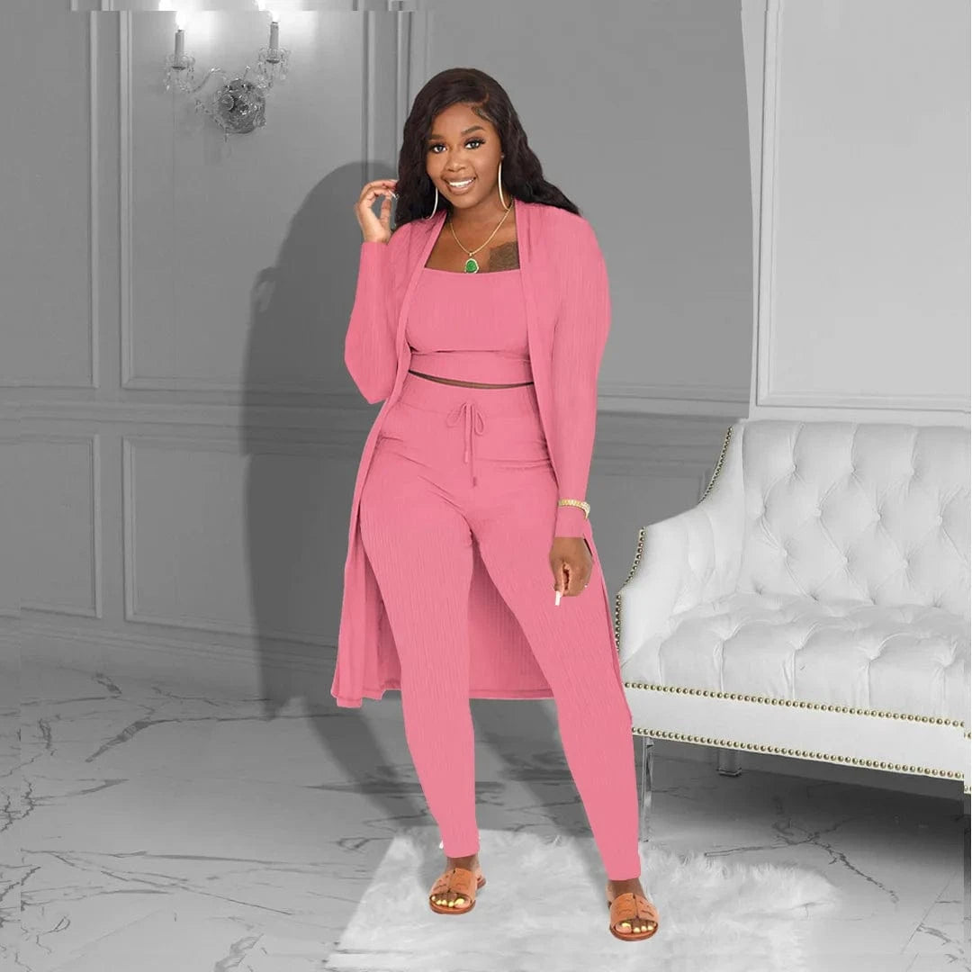 2 XL / Pink Trending products 2024 new arrivals Women's Sets Spring Summer Solid Color Long Cardigan knit 3 piece set women