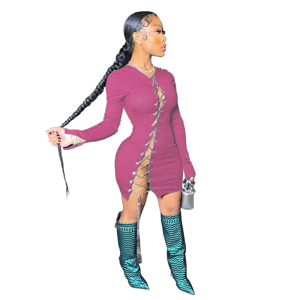 2 XL / Pink Y2K Women Lace up dress long trumpet sleeved solid bodycon dress autumn boutique women's clothing
