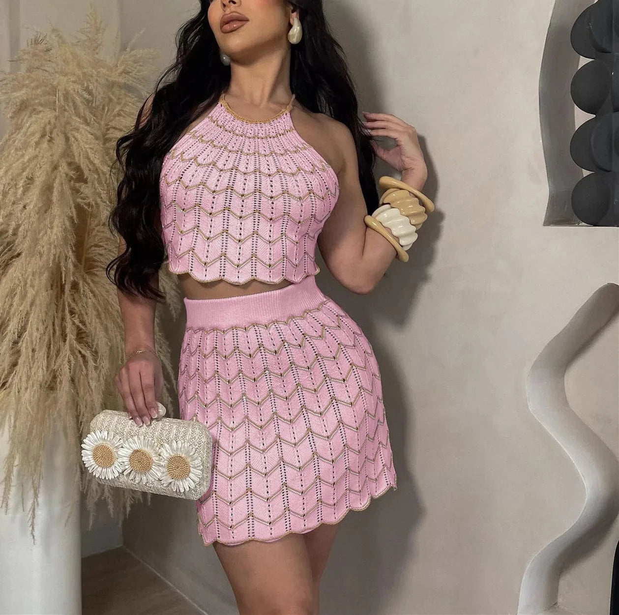 2 XL / Pink ZHEZHE 2024 y2k Clothing Women Clothes Set Crochet 2 piece Skirt Set Hollow Out Backless  Knitted Elastic Casual Skirt Set