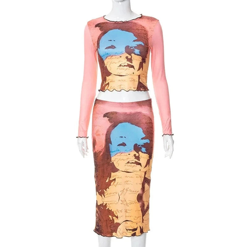 2 XL / printing With Stretch Women Clothes Casual Printing 2 Piece Set Long Sleeve Navel Skirt Two Piece Sets for Women Clothing