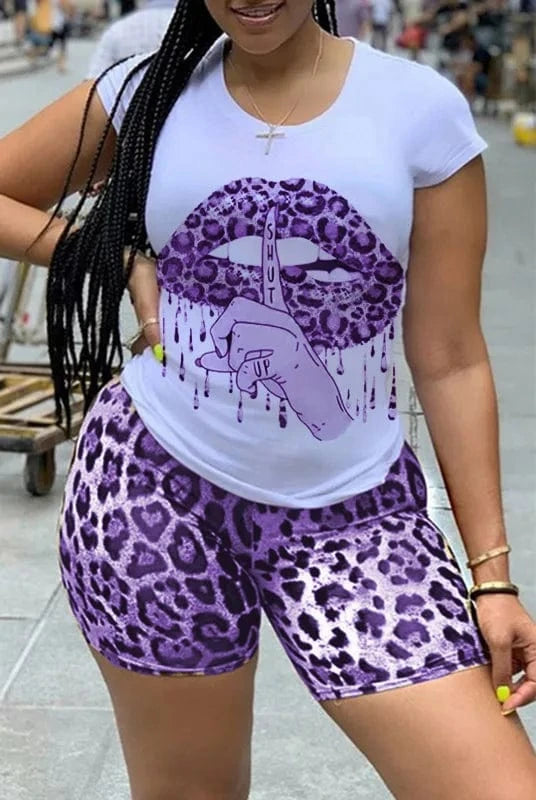 2 XL / Purple 5XL Plus Size Women Clothing Two Piece Set Tracksuit Lips Print Tshirt Top Leopard Biker Shorts Sweat Suit 2 Pcs Women Set