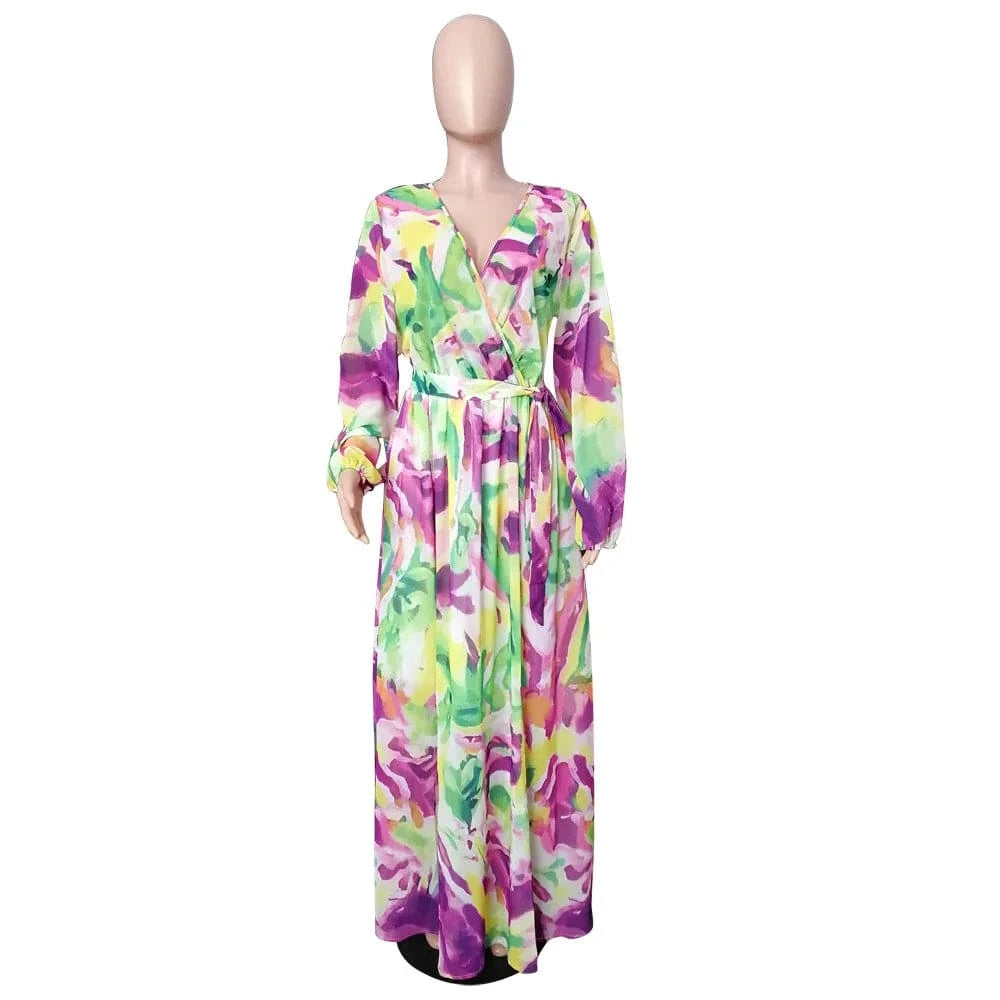 2 XL / Purple Wholesale Bohemia Woman Casual Dress Plus Size African Style V Neck Floral Print Chiffon Maxi Dresses Clothing Women Summer 2022