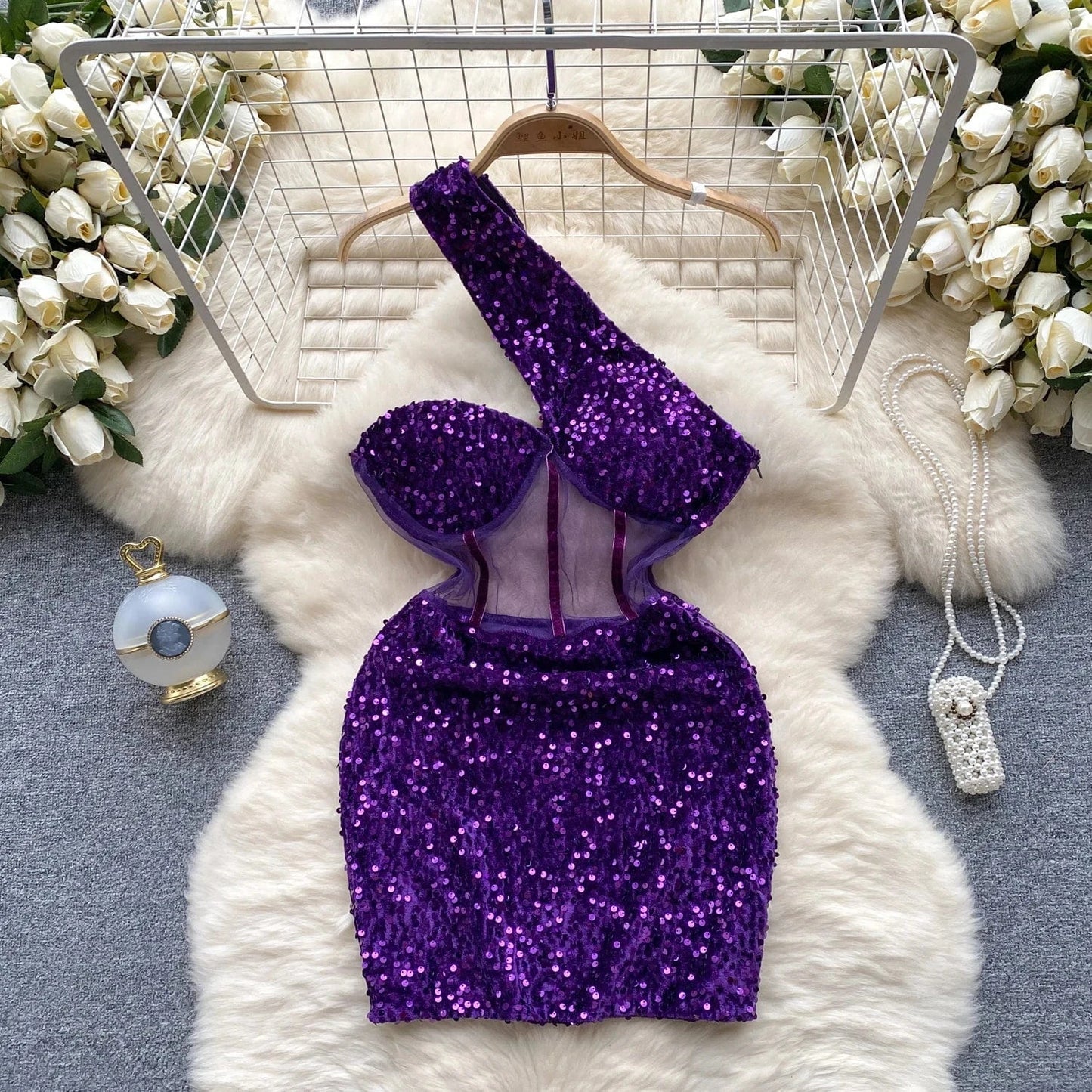 2 XL / Purple Women Sequined Halter Neck Sleeveless Bodycon Mesh Patchwork Mini Midi Dress 2024 Summer Sexy Club Party Evening Dresses