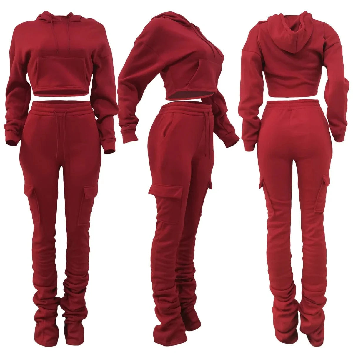2 XL / Red 2 2 Piece Set 2024 Thick Fleece Stacked Sweatpants And Hoodie Jogger Two Piece Pants Set Women Sweatsuit Set Tracksuit