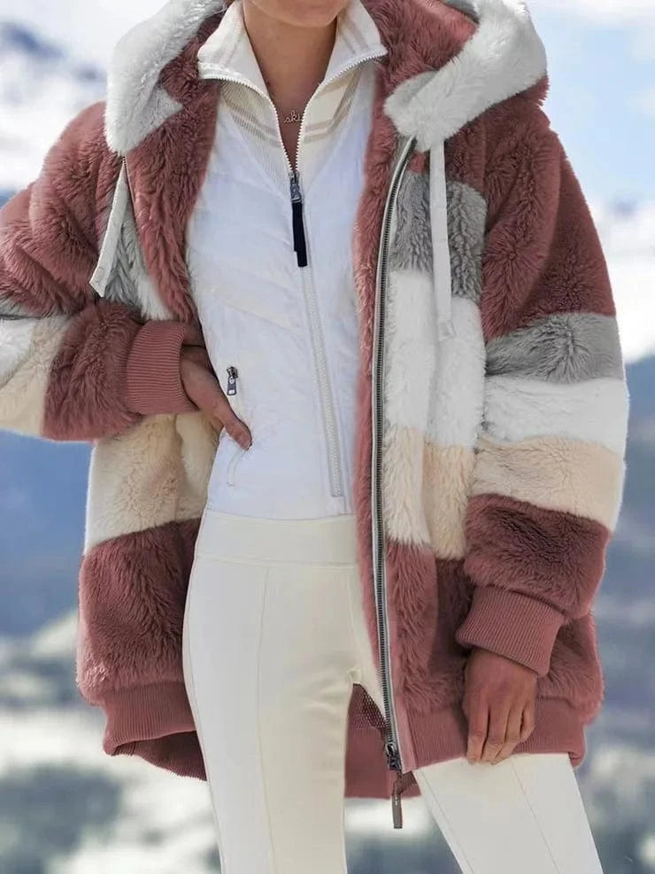 2 XL / Red 2024 autumn/winter warm plush patchwork zippered pocket Hooded loose coat for women