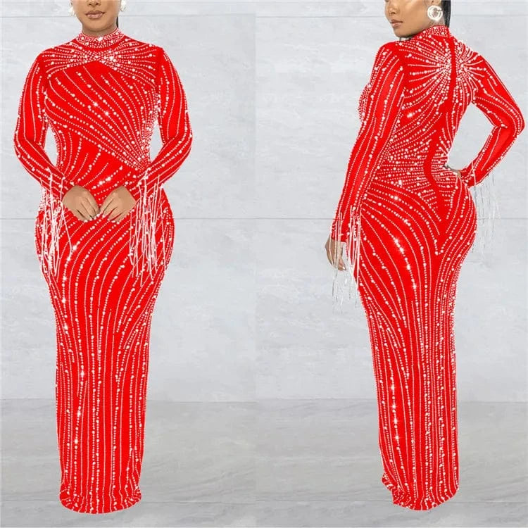 2 XL / Red 2024 Summer 2 Piece Set Rhinestone Mesh High Neck Long Sleeve Tassels Bodycon Midi Maxi Long Dress For Women
