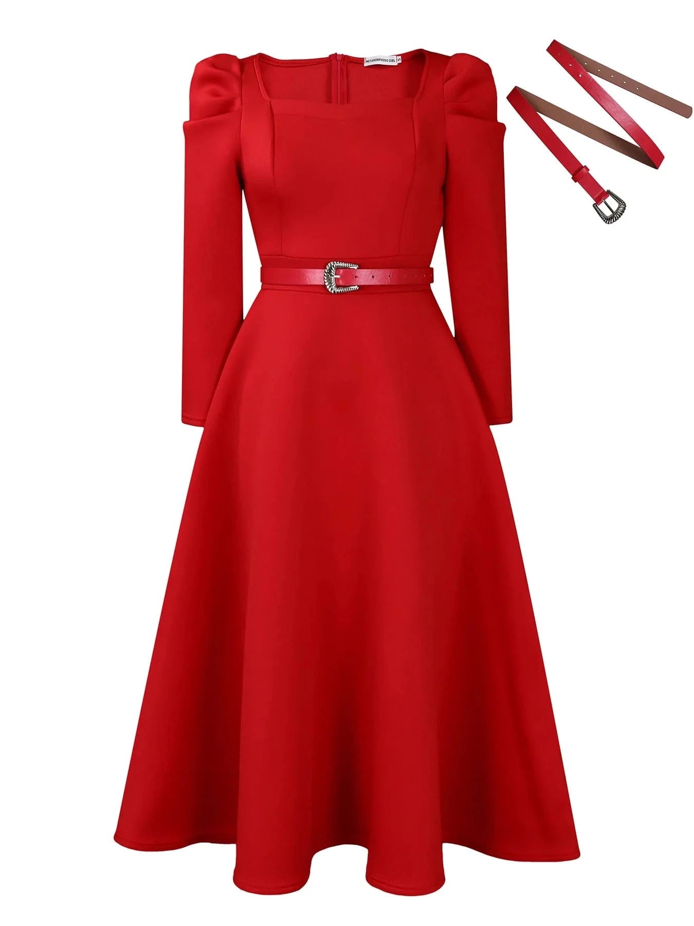 2 XL / Red 2024 Wholesale African women's clothing elegant long puff sleeve square neck solid color maxi plus size dresses
