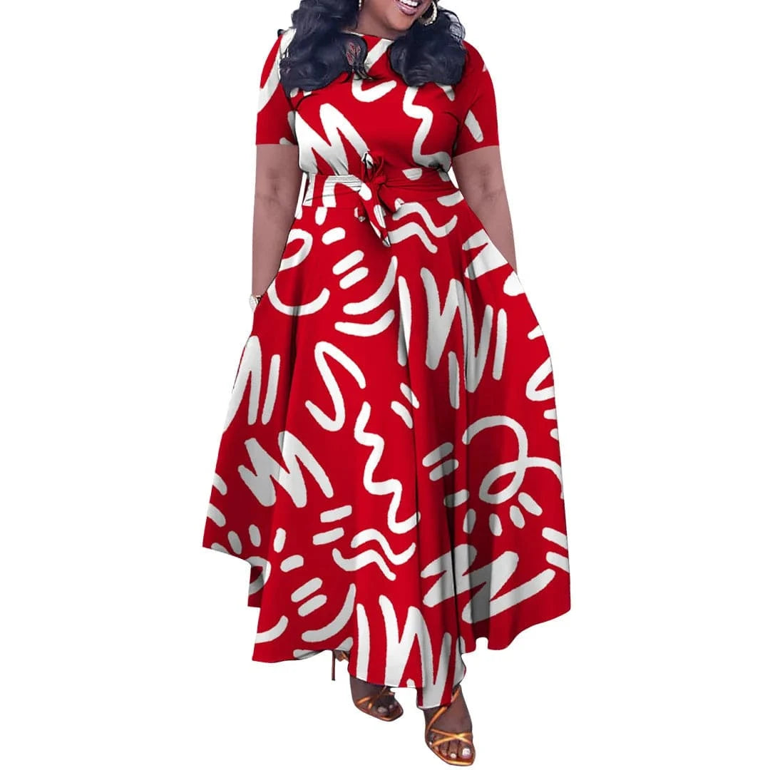 2 XL / Red Elegant Fall Maxi Dresses Belted Pattern Graffiti Printed Regular Dress Tiered Waist short Sleeve O Neck Patchwork Vestidos