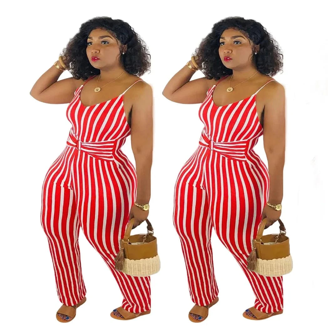 2 XL / Red Hot Seller Summer Women's Clothing Jumpsuit Striped Suspender Straps Playsuit Plus Size Back Zipper Lady Long Romper