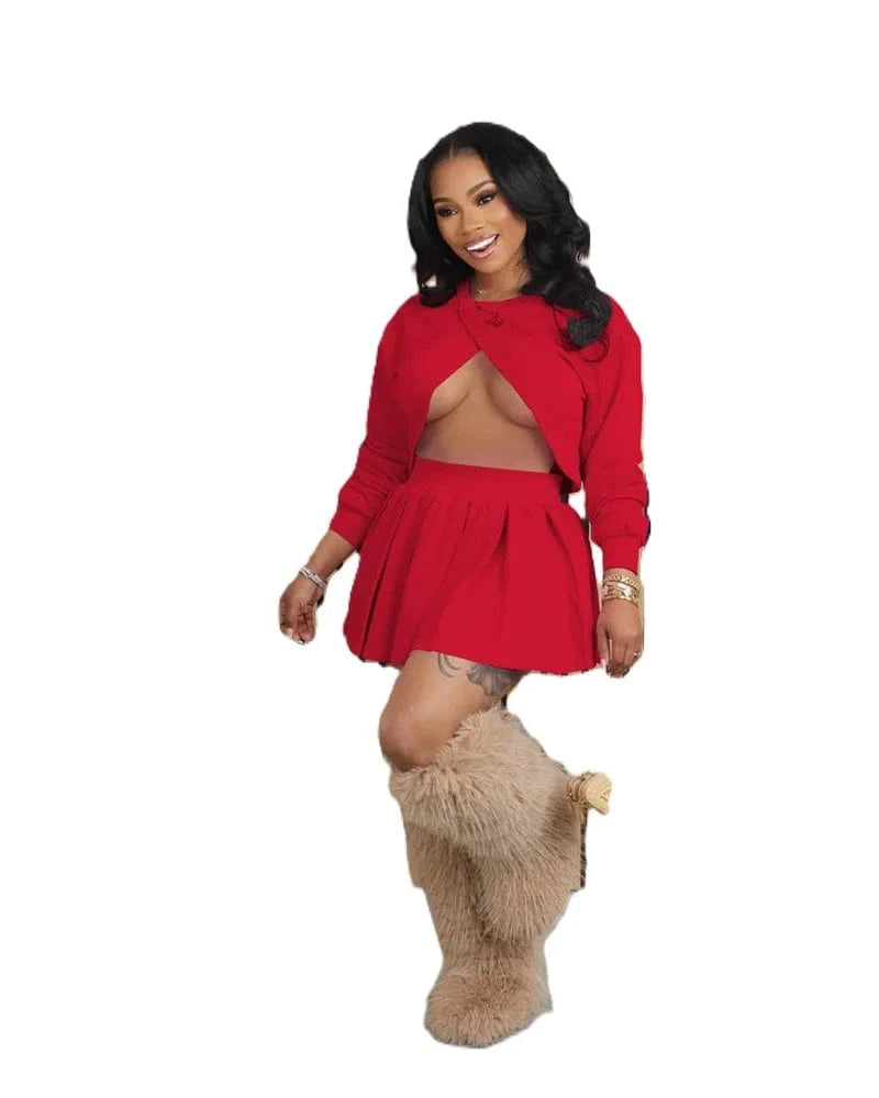2 XL / Red hot selling 2024 fall new arrivals trending products 2025 spring women ladies sexy beauty pink 2 piece sweatshirt and skirt set