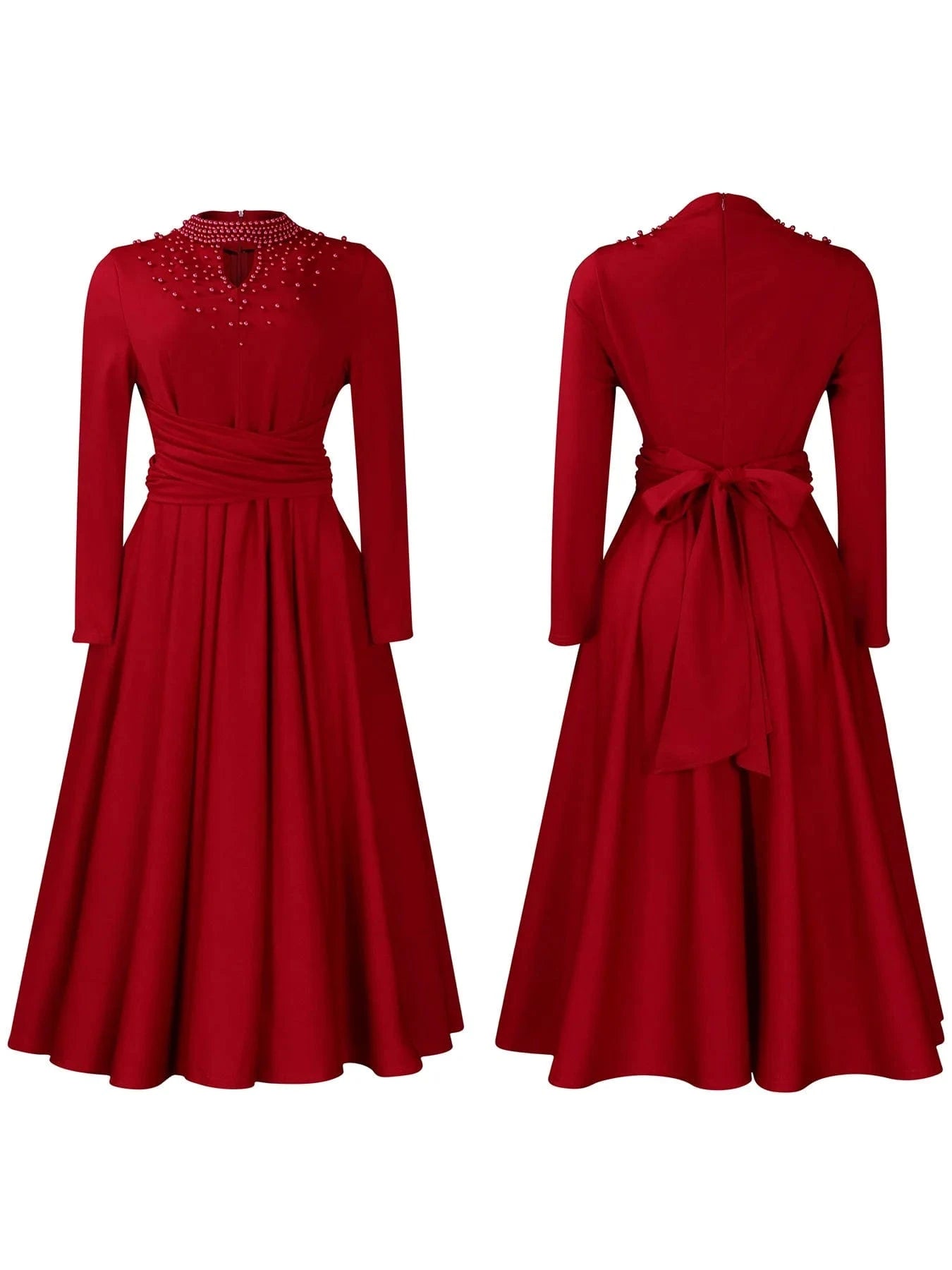 2 XL / Red New Arrival Solid Color Clothing fall Wholesale bridal pearl beaded swing Long Sleeve Plus Size evening african Women Dresses