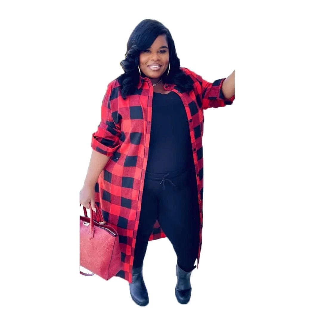 2 XL / Red Plus size Long Sleeve Shirt Long Plaid Jacket Winter and Autumn Jacket Patchwork Plaid Jacket