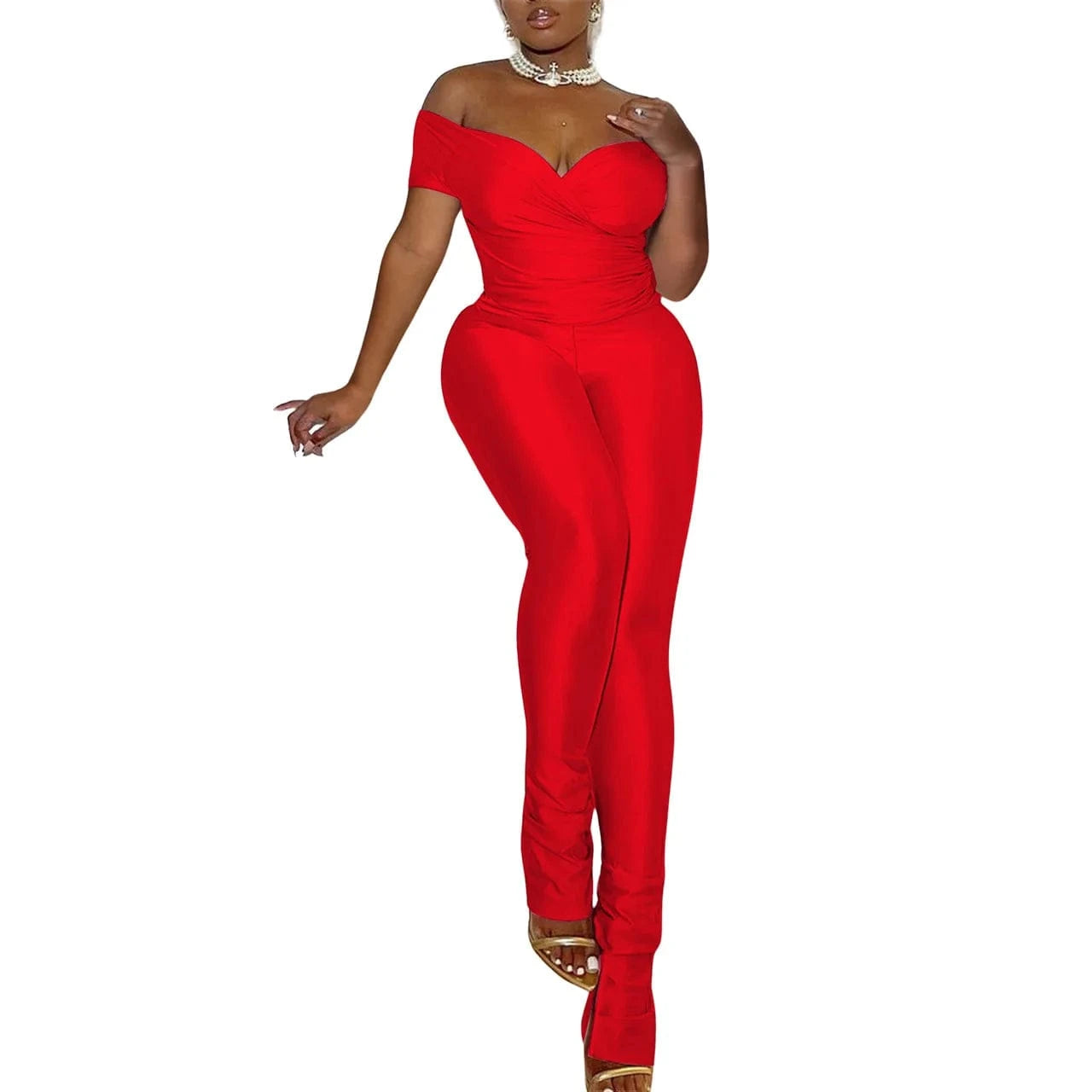 2 XL / Red Q24S8491 Wholesale 2024 spring summer sexy bodycon long pants off shoulder short sleeve crop tops casual 2 piece set women
