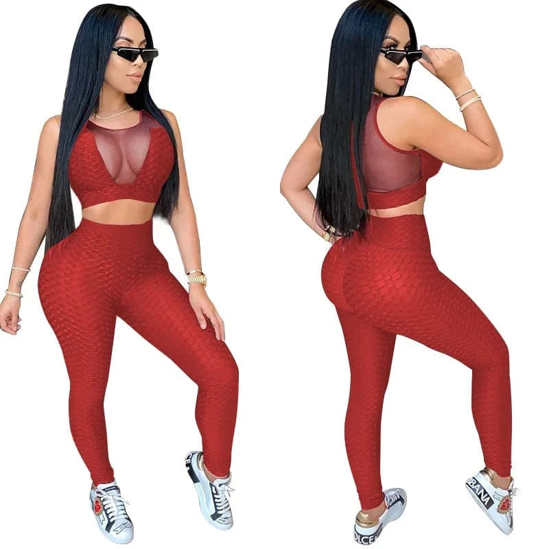 2 XL / Red XS-5XL two-piece sports suit female jogging pants 2-piece tight see-through sexy sleeveless yoga sports suit