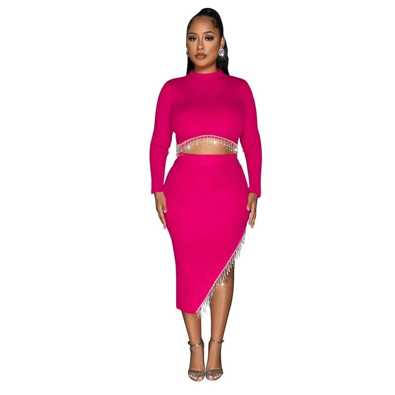 2 XL / Rose Madder new arrivals 2024 woman valentine party rhinestone bead crystal tassel 2 piece slit skirt set dress 2024 evening gown for women