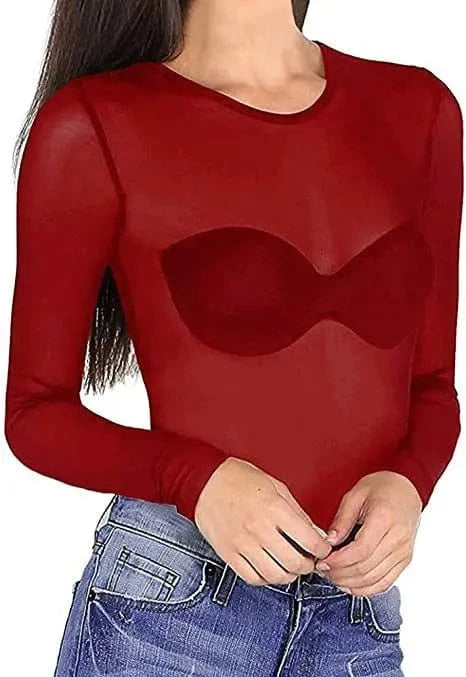2 XL / Rose red 609 Sexy Black Punk Club Streetwear Women T Shirt See Through Transparent Mesh Tops Long Sleeve Sheer Slim Ladies Turtleneck T-Shirt