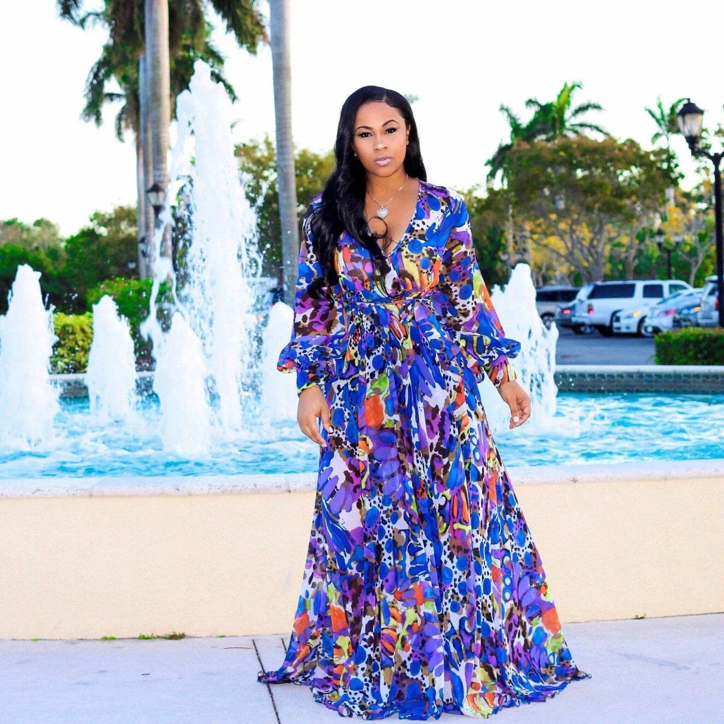 2 XL / Royal blue Wholesale Bohemia Woman Casual Dress Plus Size African Style V Neck Floral Print Chiffon Maxi Dresses Clothing Women Summer 2022