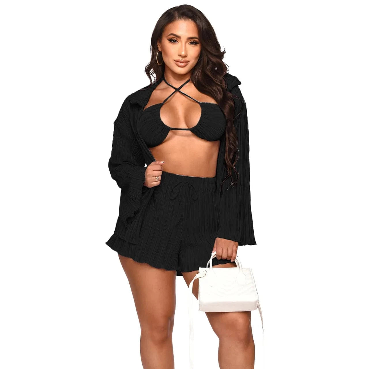 2 XL / Shorts set Black Wholesale american boutique clothing women 2024 sexy bikinis fall cardigan long sleeve wide leg pants three piece women's sets