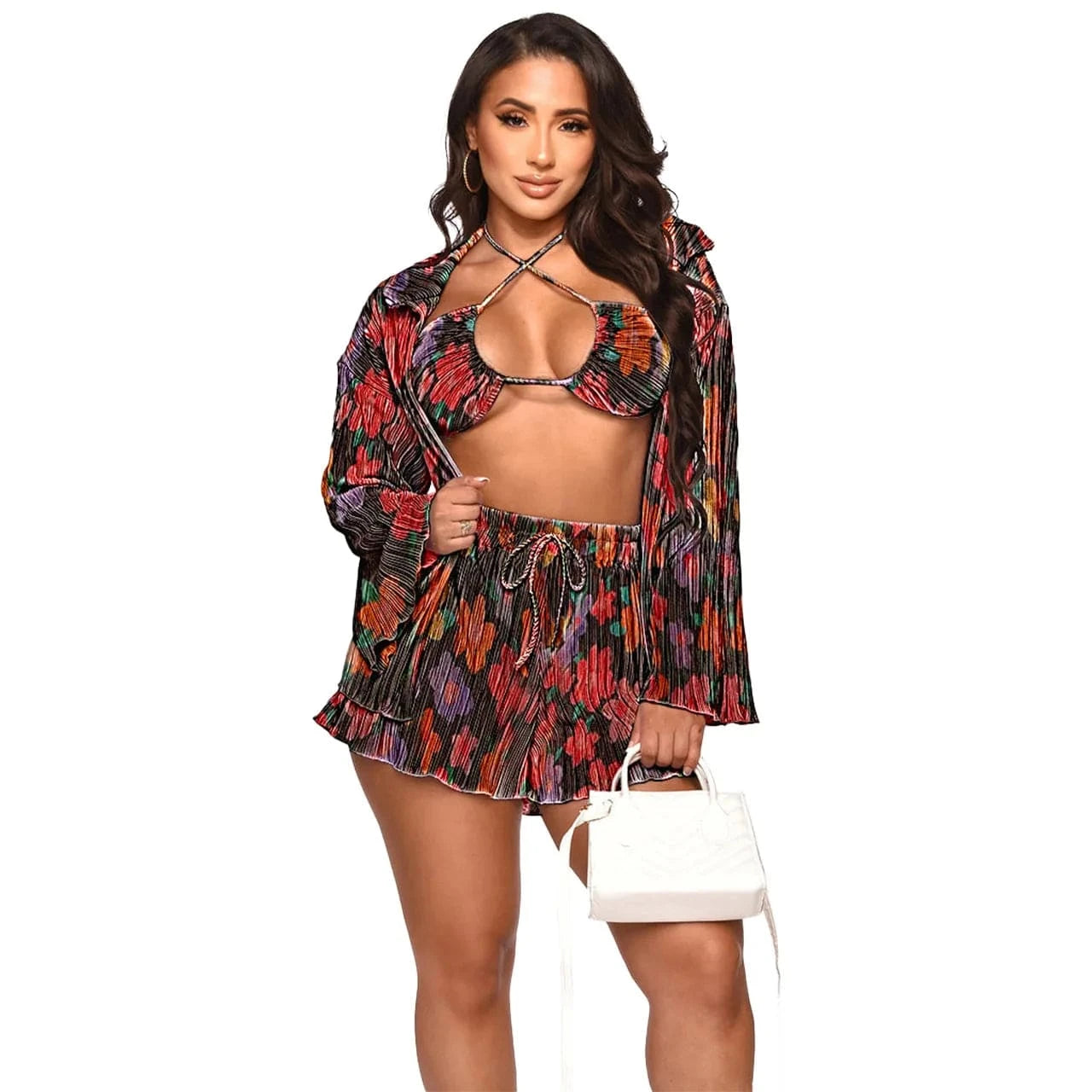2 XL / Shorts set Red floral Wholesale american boutique clothing women 2024 sexy bikinis fall cardigan long sleeve wide leg pants three piece women's sets
