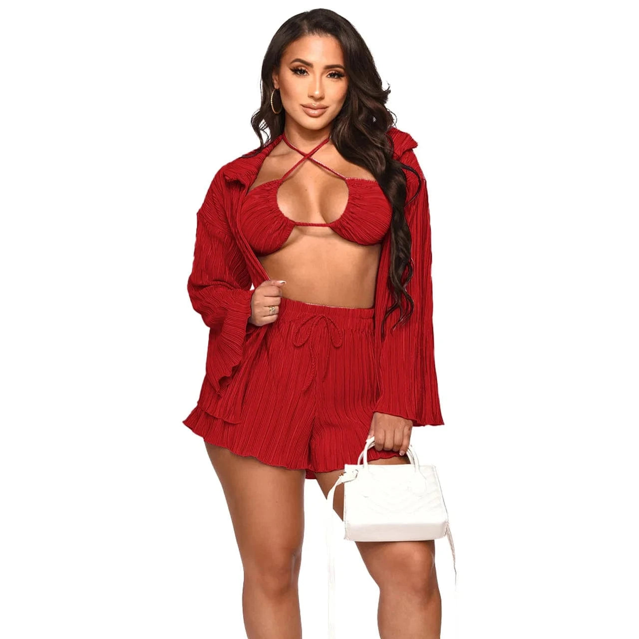 2 XL / Shorts set Red Wholesale american boutique clothing women 2024 sexy bikinis fall cardigan long sleeve wide leg pants three piece women's sets