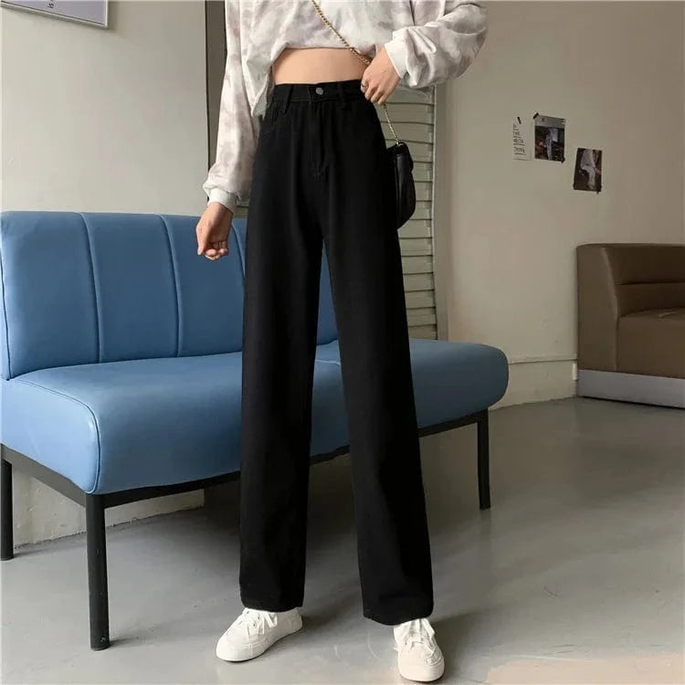 2 XL / style 2 Black Women's Pants Streetwear Straight Solid Color High Waist Trouser Baggy Fashion Girl Student Jeans Wide Leg Mom Denim Pants